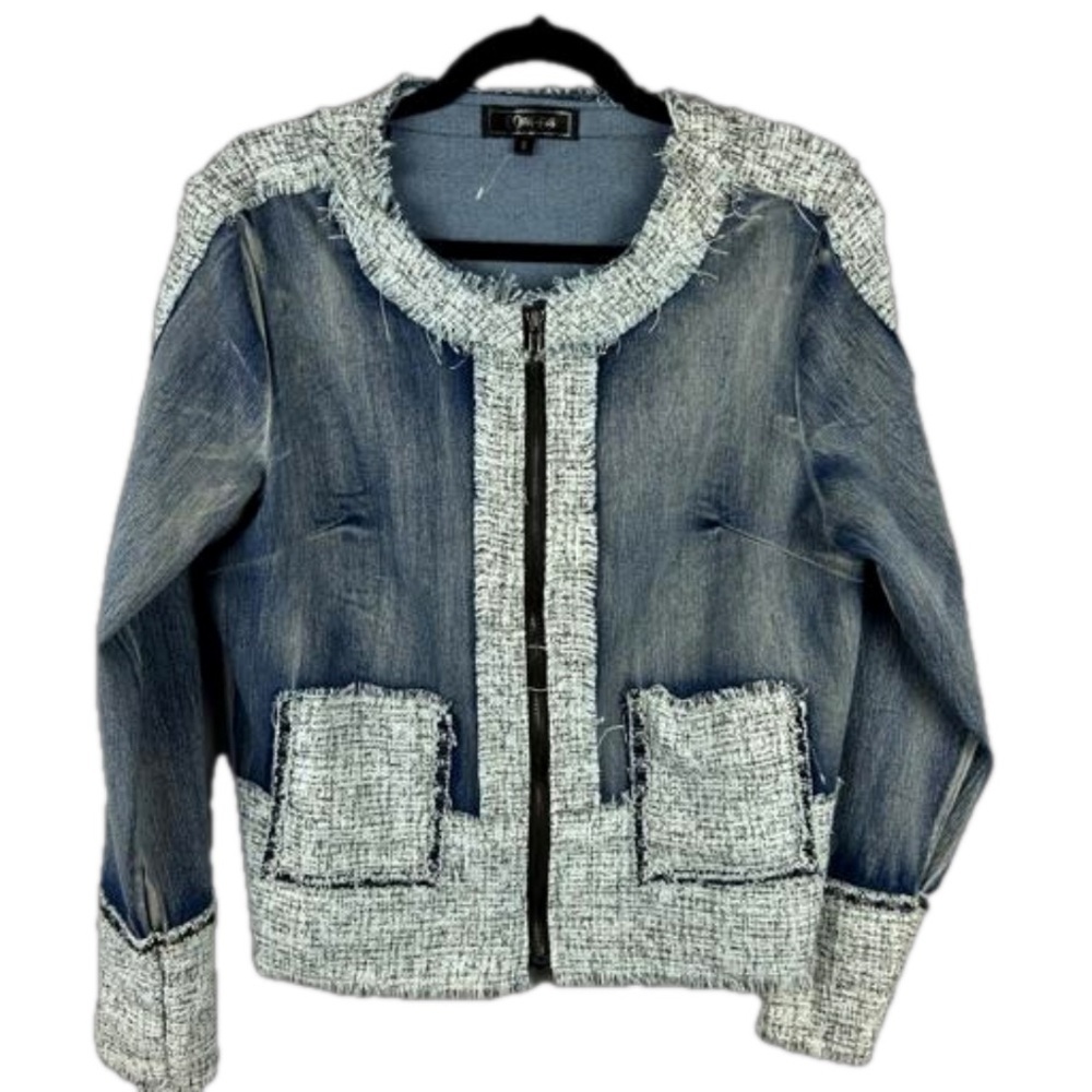 Minkas Chambray Tweed Cotton Blend Blue Full Zip Jacket Small